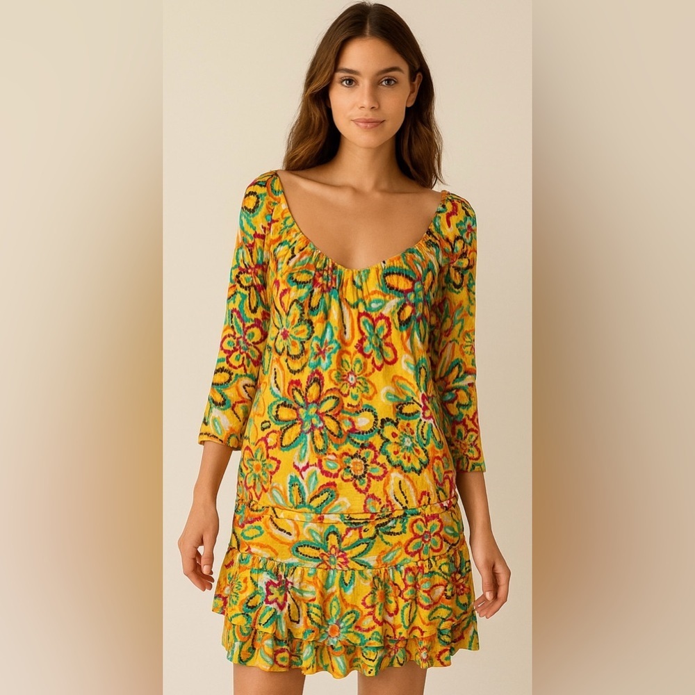 Anthropologie Uncle Frank Yellow Floral Mini Dress Ruffle Tiered Boho Large
